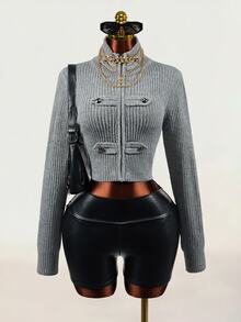 Mistrie Cardigan Wanita Lengan Panjang Kasual Modis dengan Kerah Tegak dan Resleting - Grey - View 6