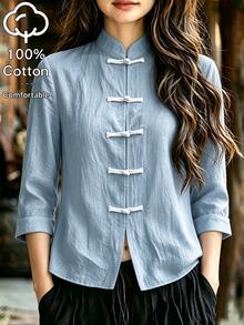 SHEIN 純白色紋理布料立領前開襟 5 顆鈕扣 中式一字盤扣 3/4 折袖 短版寬鬆極簡復古新中式日常外套襯衫 - 淺藍色 - 查看 5
