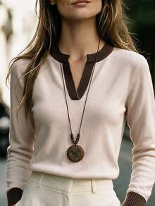 SHEIN Fall Minimalist Notch V Neck Solid Long Sleeve Knit Top - Apricot - View 7