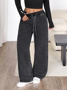 SHEIN PETITE 女款秋冬抽繩鬆緊腰睡褲牛仔褲，都市文藝復興街頭風，休閒時尚創意個性街頭穿搭 - 黑色 - 查看 4