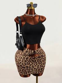 Mistrie Women's Sexy Leopard Print Hollow Out Tie Skirt - Coffee Brown - View 14