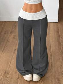 Coolane Women's Casual Elastic Waist Foldable Patchwork Contrast Color Design Sweatpants - Dark Grey - View 3