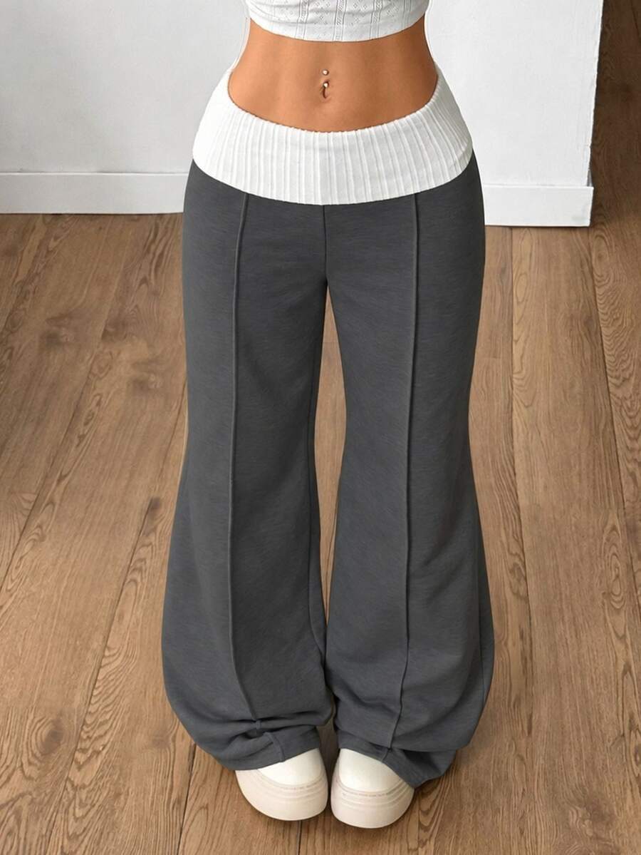 Coolane Women's Casual Elastic Waist Foldable Patchwork Contrast Color Design Sweatpants - Dark Grey - View 1