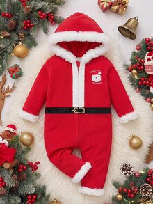 SHEIN 女嬰聖誕老人圖案連帽可愛連身衣，適合聖誕節 - 紅白色 - 查看 2