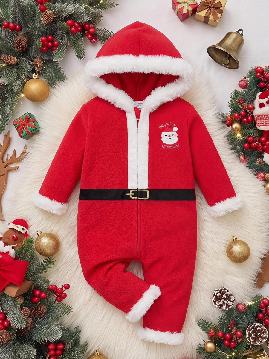 SHEIN Baby Girl Santa Claus Pattern Hooded Cute Romper, Suitable For Christmas - Red and White - View 1