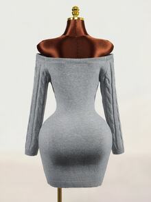 Mistrie Women's Fashion Off-Shoulder Button Design Long Sleeve Sweater Dress - Grey - View 4