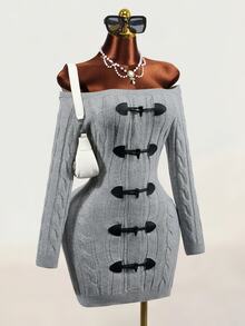 Mistrie Women's Fashion Off-Shoulder Button Design Long Sleeve Sweater Dress - Grey - View 5