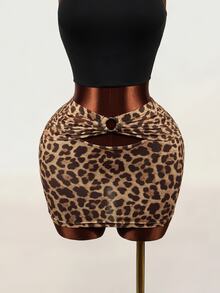 Mistrie Women's Sexy Leopard Print Hollow Out Tie Skirt - Coffee Brown - View 13