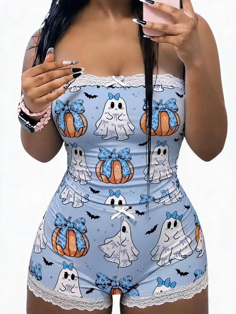 Zyxie Women's Fitted 2 Pieces Set With Lace Patchwork, Bow Decor, Halloween Pumpkin Ghost And Little Bat Print - Blue - View 1
