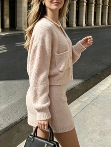 Cévolie Women's Solid Color Long Sleeve V-Neck Pocket Top And Skirt Knit Set - Apricot - View 4