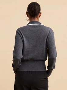 Travachic Women's Shell Embroidery Contrast Color Long Sleeve Sweater, Versatile For Daily Wear - Grey - View 7