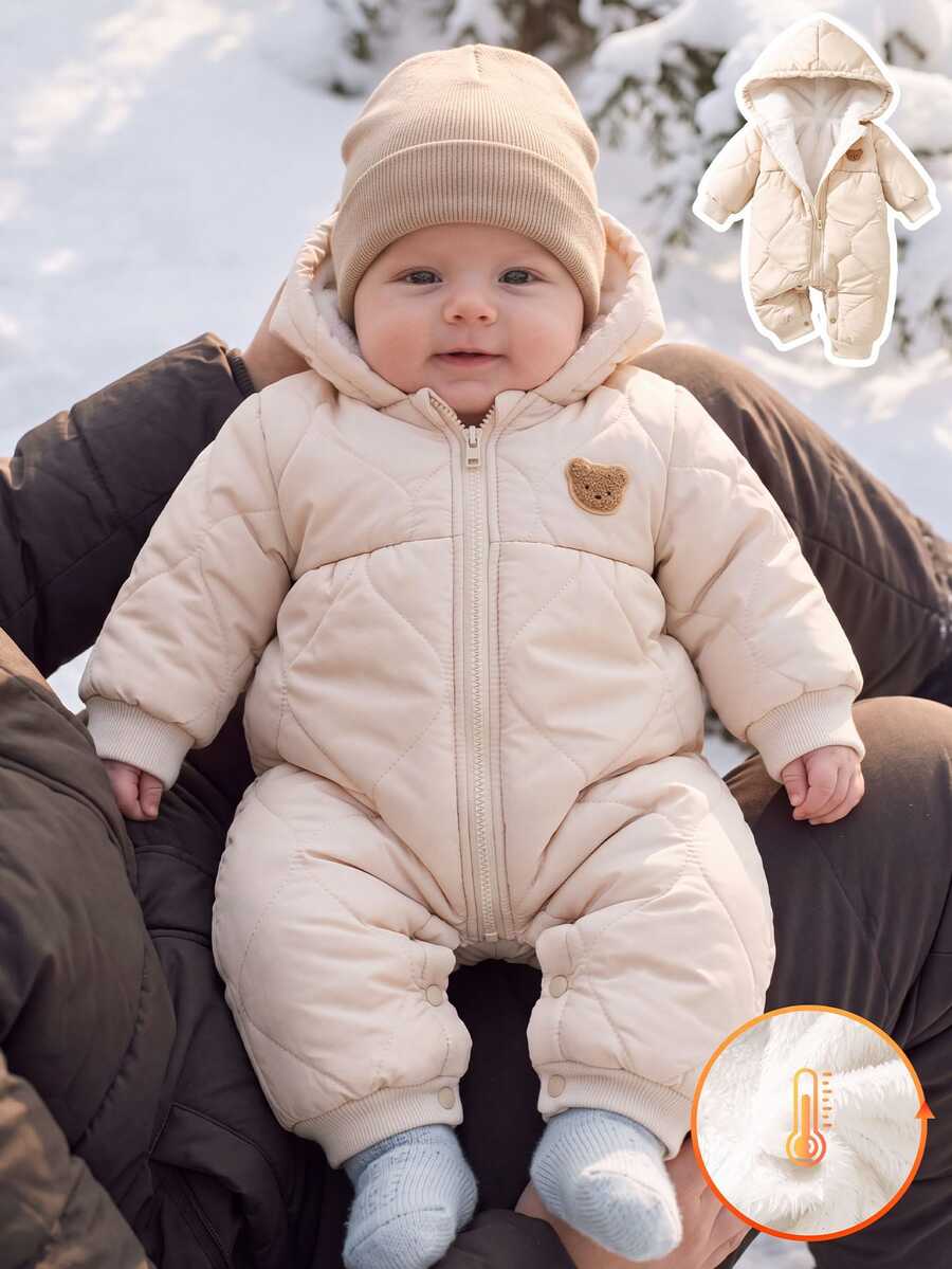 SHEIN Newborn Baby Romper Jumpsuit Sweet Beige Bear Patch Quilted ...