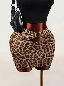 Mistrie Women's Sexy Leopard Print Hollow Out Tie Skirt - Coffee Brown - View 10