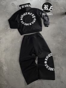 PAVTROS Men's Letter Print Drawstring Hoodie And Pants Set - Black - View 8