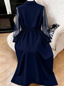 Formidée Plus Size Minimalist Elegant Embroidered Mesh Sleeve Tie Waist Women's Dress - Navy Blue - View 2