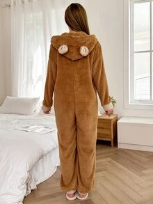 Dream Adore Cute Women's Autumn/Winter Plush Colorblock Bow Animal Design Hooded One-Piece Pajamas - Multicolor - View 2