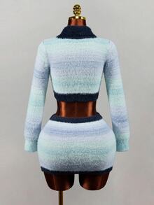 Mistrie Collared Striped Fuzzy Knit 2 Pieces Outfit, Long Sleeve Button Front Crop Cardigan & High Waist Mini Skirt, Colorful Sweet Fall Winter Matching Set - Multicolor - View 9