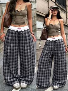 Coolane 女款秋季保暖街頭風休閒時尚黑色灰色格紋抽繩腰寬鬆大廓形寬腿鬆垮長褲 - 灰色 - 查看 2