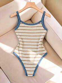 SHEIN LUNE 女款條紋拼色拼接時尚休閒連身衣 - 棕色 - 查看 2