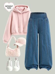 SHEIN 女童高腰寬腿牛仔褲，四季休閒度假風，淺藍水洗牛仔色，彈性腰頭＋對比縫線設計，寬鬆寬腿版型，輕盈柔軟舒適優質棉牛仔面料，百搭日常穿著，可搭配T恤與短版上衣，適合夏季度假、日常出遊、通勤、聚會，夏季牛仔度假穿搭 - 中等水洗藍 - 查看 5