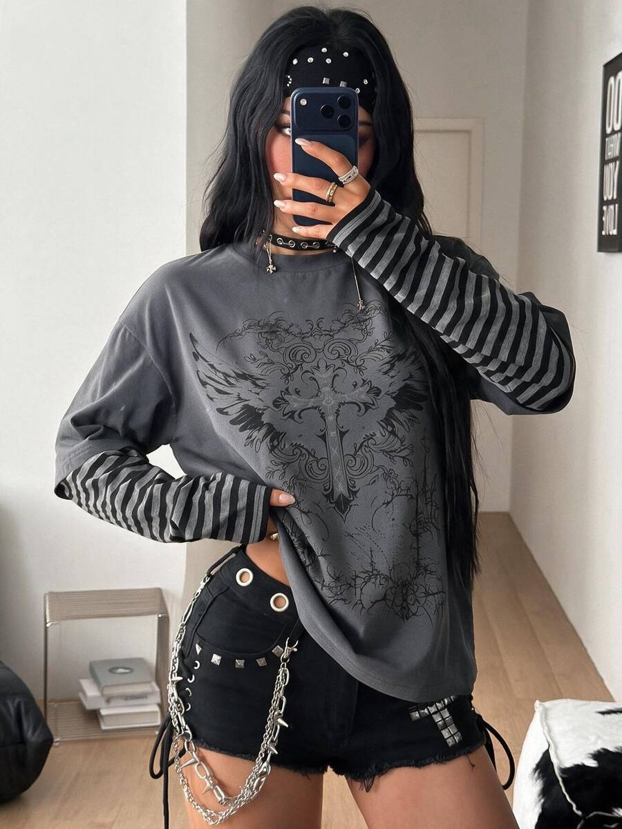 Coolane 女款秋冬街頭風休閒嬉皮學院風搖滾龐克哥德風棉質印花寬鬆長版上衣 - 深灰色 - 查看 1