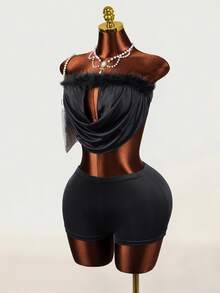 Mistrie Women's Black Frayed Hem Tube Top And Shorts Set - Black - View 1