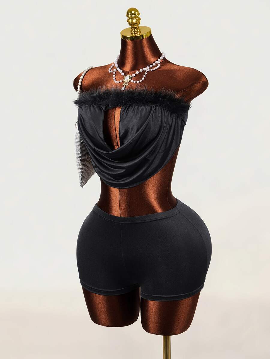 Mistrie Women's Black Frayed Hem Tube Top And Shorts Set - Black - View 1