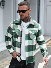 Manfinity Homme Men's Wool Plaid Pattern Urban Renaissance Street Style Casual Fashion Creative Personalized Streetwear Jacket - Green - View 4