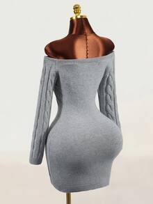 Mistrie Women's Fashion Off-Shoulder Button Design Long Sleeve Sweater Dress - Grey - View 2