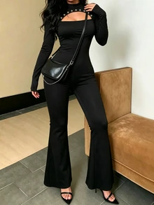 INAWLY Cutout Eyelet Detail Long Sleeve Flare Leg Jumpsuit, High Neck Bodycon Stretch Rompe - Black - View 8