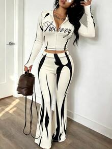 INAWLY Solva Letter Graphic Zip Up Crop Top & Flare Leg Pants Set - Apricot - View 4
