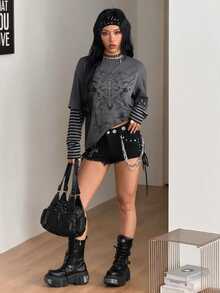 Coolane 女款秋冬街頭風休閒嬉皮學院風搖滾龐克哥德風棉質印花寬鬆長版上衣 - 深灰色 - 查看 5