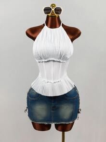 Mistrie Women's Fashion Spaghetti Strap Camisole With Boning And Ruched Detail - White - View 3