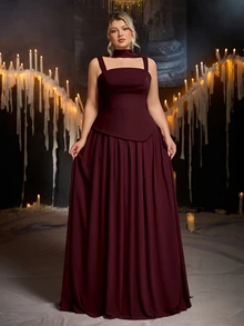 Glamrae Plus Size Glamorous Elastic Knit & Chiffon Patchwork Ruched Full Skirt Sexy Slit Bridal Gown, Flowy Ruched Fabric Wedding Bridesmaid Evening Dress With Shawl - Burgundy - View 7