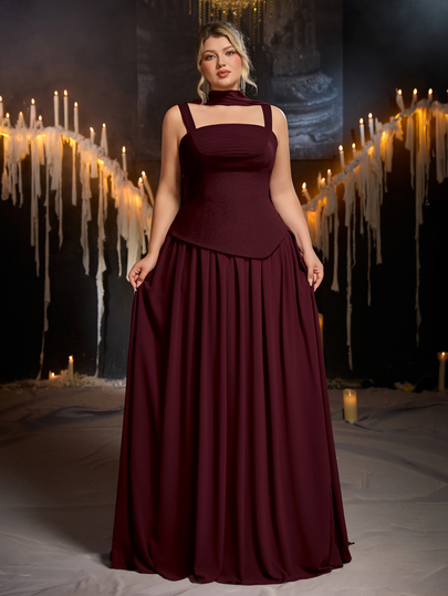 Glamrae Plus Size Glamorous Elastic Knit & Chiffon Patchwork Ruched Full Skirt Sexy Slit Bridal Gown, Flowy Ruched Fabric Wedding Bridesmaid Evening Dress With Shawl
