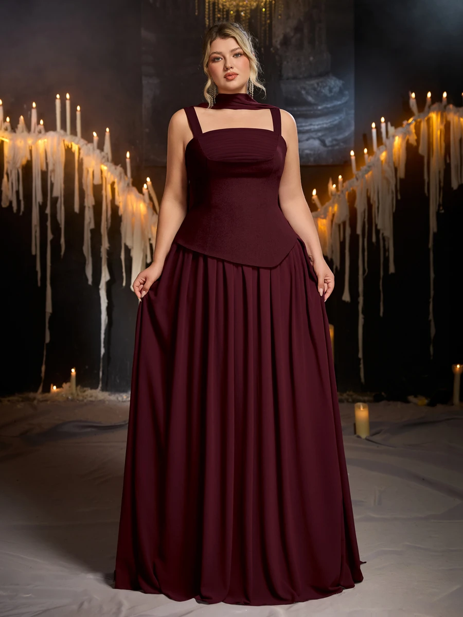 Glamrae Plus Size Glamorous Elastic Knit & Chiffon Patchwork Ruched Full Skirt Sexy Slit Bridal Gown, Flowy Ruched Fabric Wedding Bridesmaid Evening Dress With Shawl - Burgundy - View 1