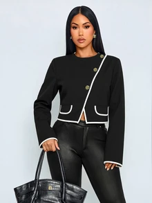 SOLERSUN Women's Contrast Crop Jacket Round Neck Long Sleeve Gold Floral Button Elegant Daily Office - Black - View 4
