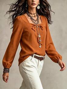 Linhara CURVE Plus Size Casual Loose Round-Neck Long-Sleeve Shirt - Orange - View 5