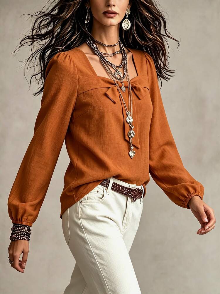 Linhara CURVE Plus Size Casual Loose Round-Neck Long-Sleeve Shirt - Orange - View 5