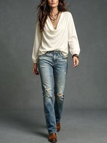 SHEIN Holidaya Women's New Fashion Cowl Neck Design Solid Color Long Sleeve Blouse, Back To School Outfit, Autumn/Winter New - Apricot - View 3