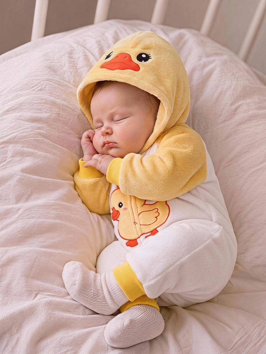 SHEIN Baby Girl Cartoon Graphic Raglan Sleeve Zip Up Hooded Flannel Jumpsuit - Multicolor - View 1