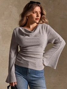 Elegantrix Plus Size Women's Autumn/Winter Cowl Neck Flared Sleeve Cinched Waist Ruched Floral Chiffon Ribbed Knit Fabric French Casual Top Fall - Apricot - View 5