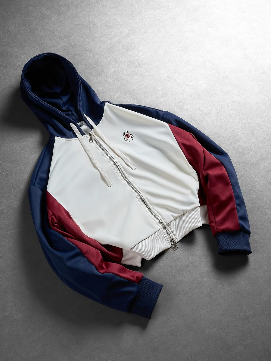 Daypath American Vintage Colorblock Double Zipper Hooded Sweatshirt, Multi-Color Patchwork Loose Casual Sweatshirt - Beige - View 1
