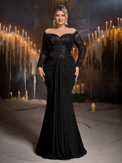 Glamrae Plus Size Elegant Black Romantic French Lace Sequin Embroidered Patchwork High Elastic Mesh Strapless Tube Sheer Long Sleeve Fishbone Boning Mermaid Skirt Suitable For Evening Party Exhibition Business Event Wedding Party Bachelorette Party Vacation Date And Other Occasions Women's Formal Evening Gown