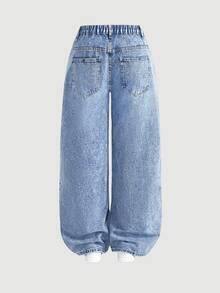 SHEIN CURVE+ 大尺碼女款休閒日常牛仔褲，附口袋，秋冬正式商務時尚基本款，哥德風，萬聖節聖誕節節慶適用，CURVE+ FIT+ - 藍色 - 查看 2