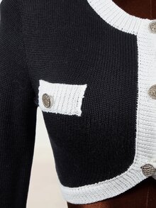 Mistrie Women's Black & White Colorblock Short Sweater Top And Sweater Skirt 2 Pieces Set - Black - View 4