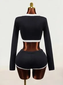 Mistrie Women's Black & White Colorblock Short Sweater Top And Sweater Skirt 2 Pieces Set - Black - View 5