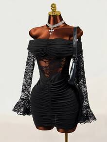 Mistrie Women's Sexy Lace Sheer Ruched Dress - Black - View 1