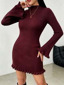 NOVVYNE Autumn/Winter Elegant Minimalist Patchwork Slim Fit Mid-Length Sweater Dress - Burgundy - View 5
