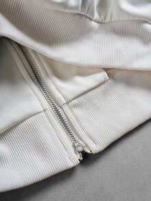 Daypath American Vintage Colorblock Double Zipper Hooded Sweatshirt, Multi-Color Patchwork Loose Casual Sweatshirt - Beige - View 7